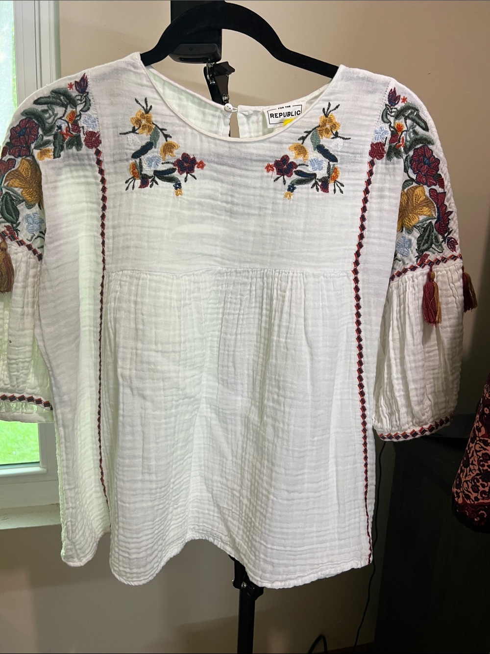 For The Republic White Embroidered Boho Blouse with Multicolor Floral Accents